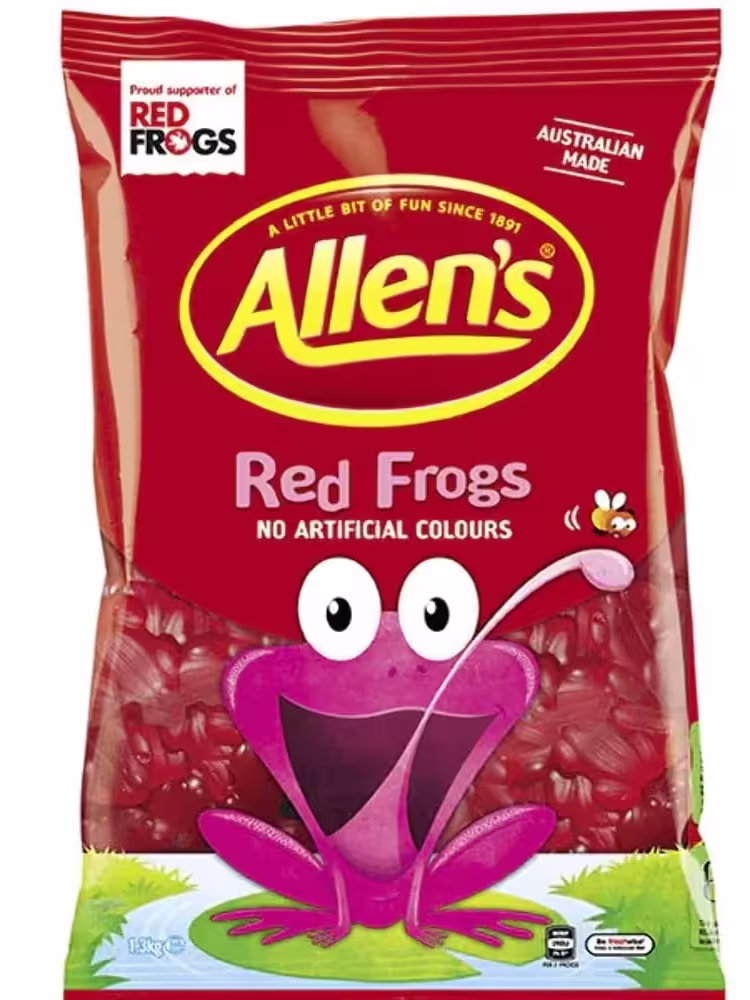 1.3 kg pack of Allen's Red Frogs gummies, showcasing a large bag filled with vibrant red, frog-shaped gummy candies.