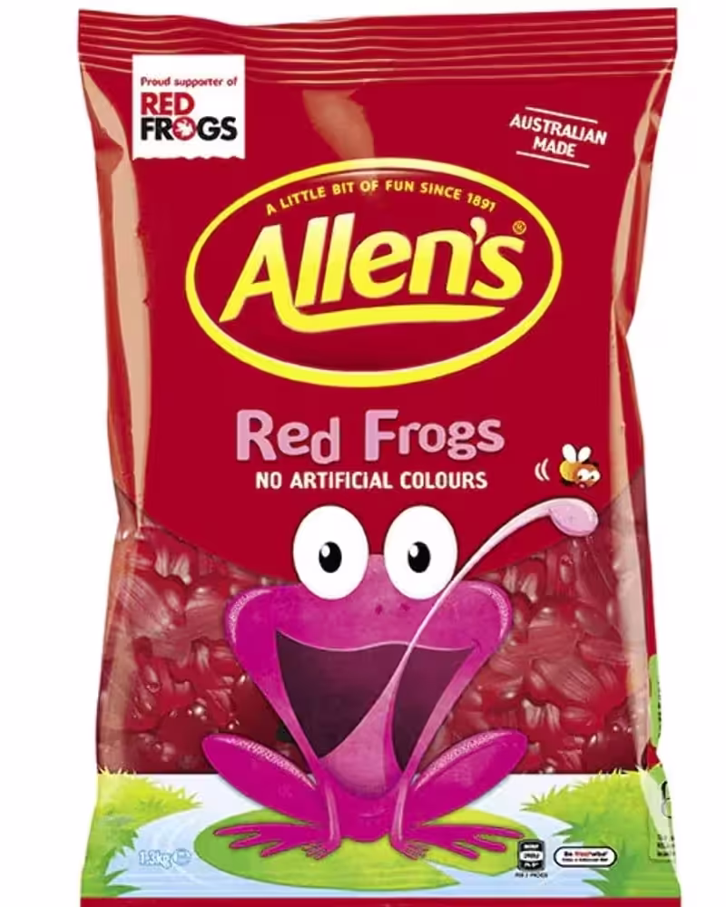 1.3 kg pack of Allen's Red Frogs gummies, showcasing a large bag filled with vibrant red, frog-shaped gummy candies.
