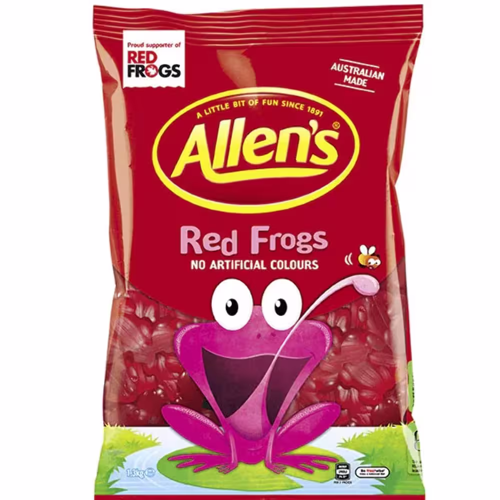 1.3 kg pack of Allen's Red Frogs gummies, showcasing a large bag filled with vibrant red, frog-shaped gummy candies.