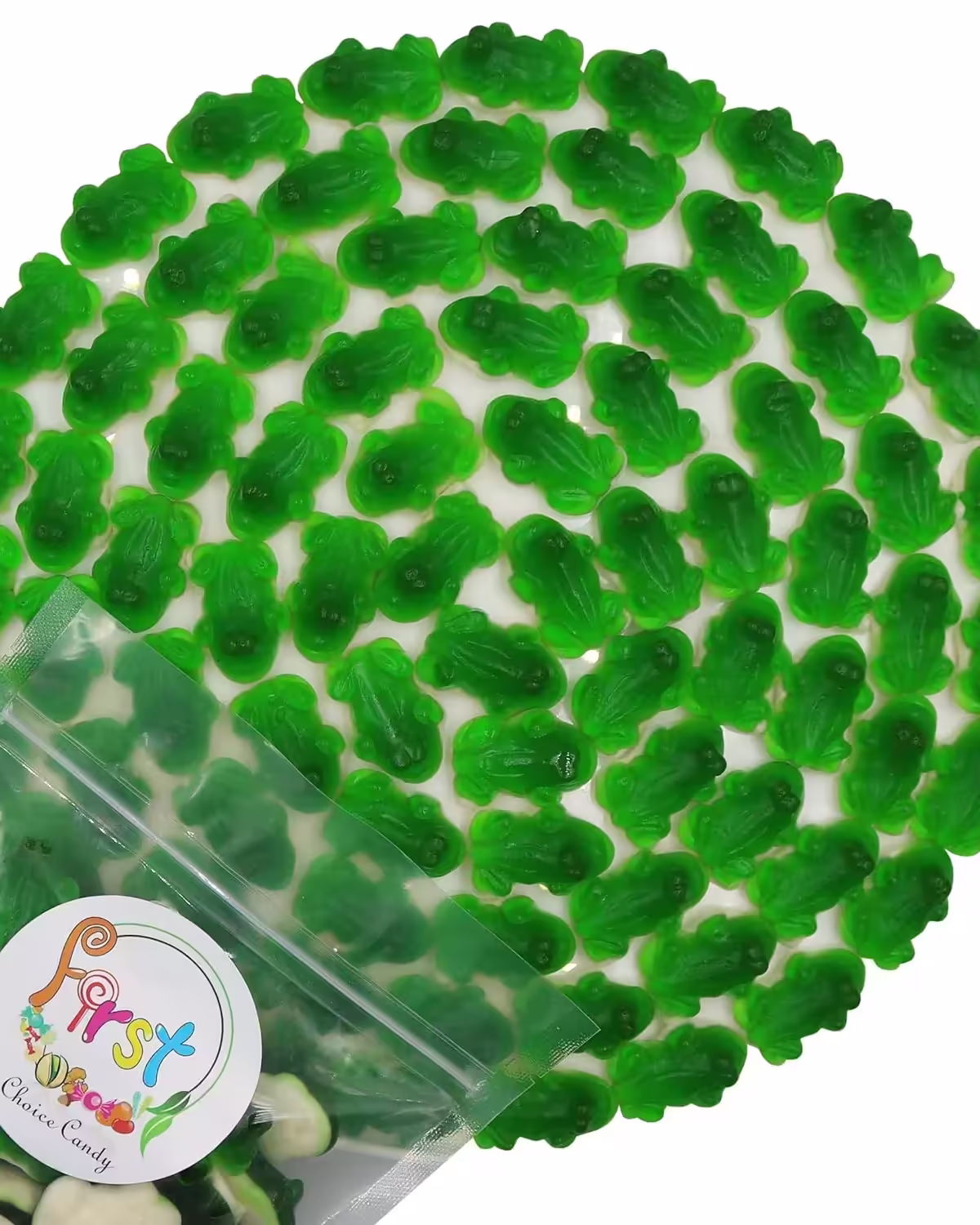 2.2-pound pack of FirstChoiceCandy Gummy Frogs, featuring green frog-shaped gummy candies, in a resealable bulk bag.