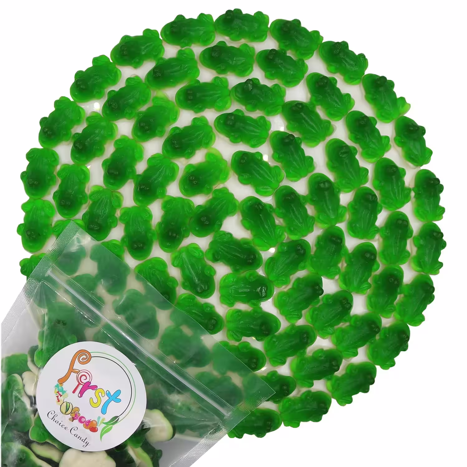 2.2-pound pack of FirstChoiceCandy Gummy Frogs, featuring green frog-shaped gummy candies, in a resealable bulk bag.