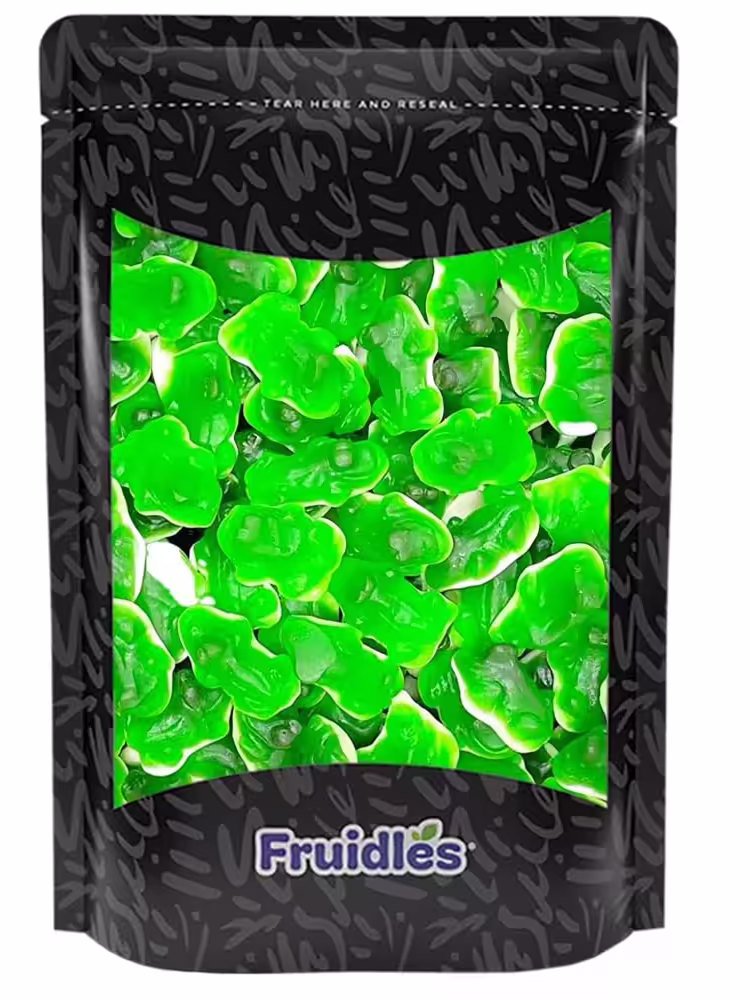 Half-pound pack of Fruidles Green Frogs Gummi Candy, featuring vibrant green, frog-shaped gummy candies with a variety of delicious fruit flavors.