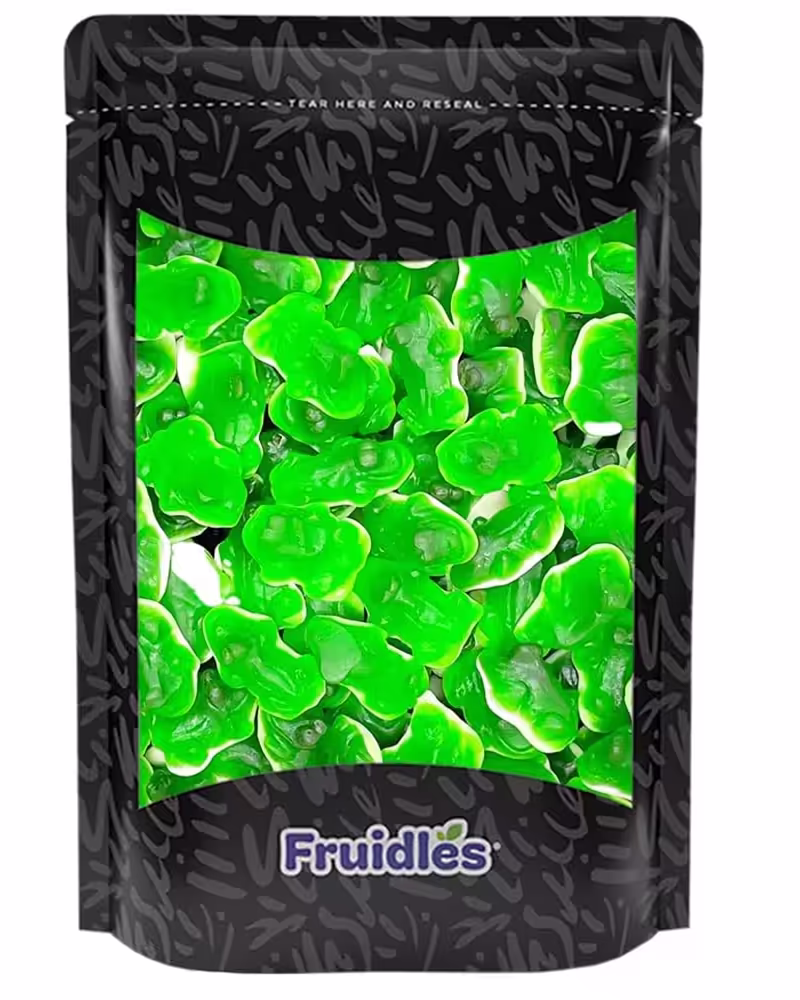 Half-pound pack of Fruidles Green Frogs Gummi Candy, featuring vibrant green, frog-shaped gummy candies with a variety of delicious fruit flavors.
