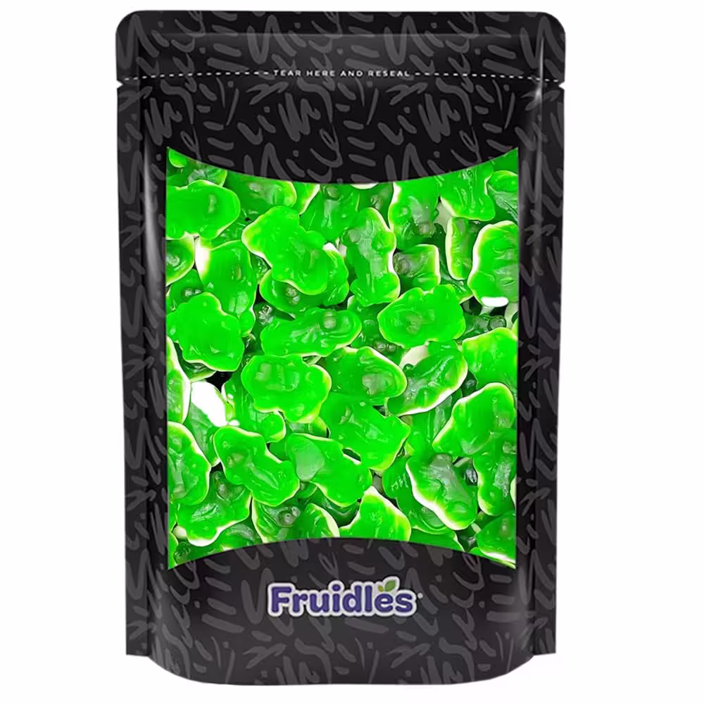 Half-pound pack of Fruidles Green Frogs Gummi Candy, featuring vibrant green, frog-shaped gummy candies with a variety of delicious fruit flavors.
