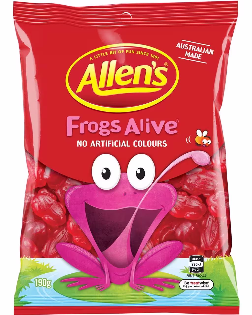 Pack of Allen's Frogs Alive Jellies, 190g, featuring dark red frog-shaped gummy candies in a resealable bag.