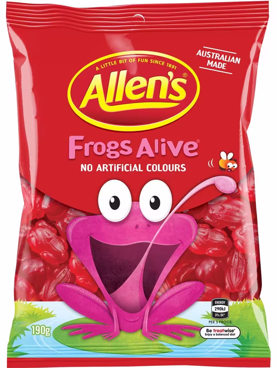 Pack of Allen's Frogs Alive Jellies, 190g, featuring dark red frog-shaped gummy candies in a resealable bag.
