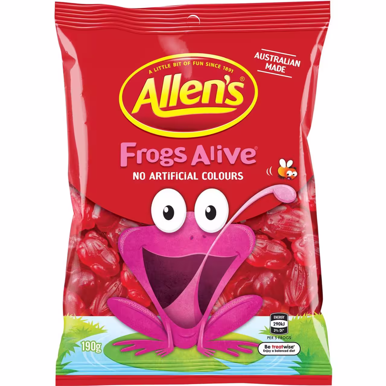 Pack of Allen's Frogs Alive Jellies, 190g, featuring dark red frog-shaped gummy candies in a resealable bag.