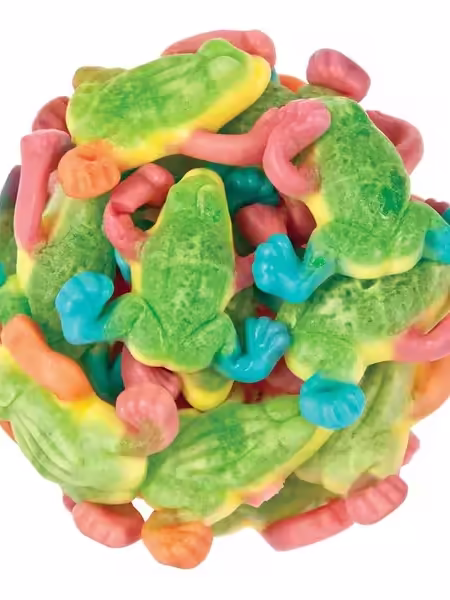 Vidal Gummi Tropical Frogs arranged in a ball shape, showcasing the colorful, strawberry-flavored gummy candies, 2.2-pound bag.