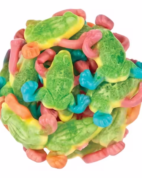 Vidal Gummi Tropical Frogs arranged in a ball shape, showcasing the colorful, strawberry-flavored gummy candies, 2.2-pound bag.