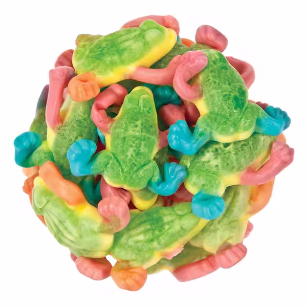 Vidal Gummi Tropical Frogs arranged in a ball shape, showcasing the colorful, strawberry-flavored gummy candies, 2.2-pound bag.