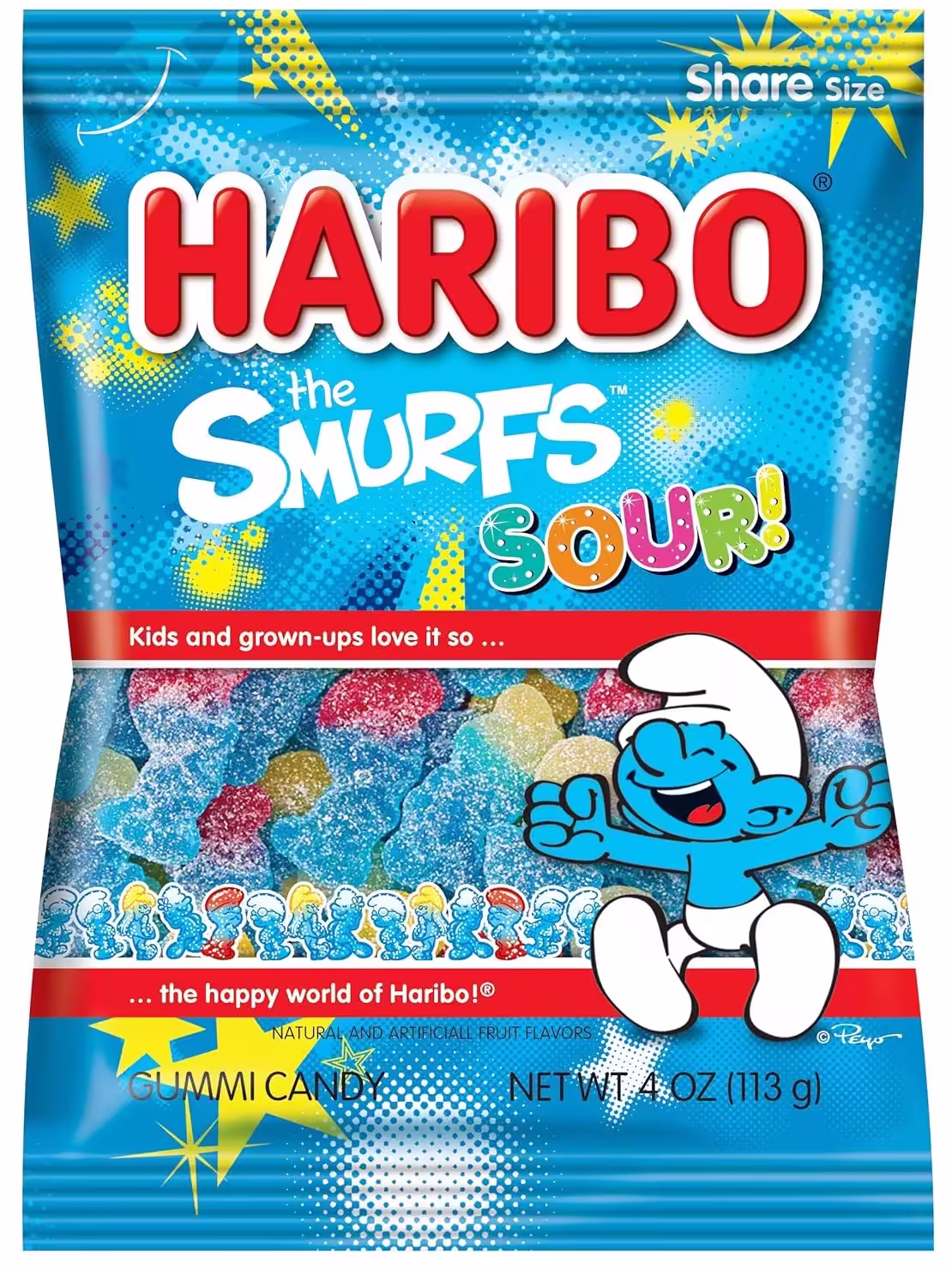 12-pack of HARIBO Sour Smurfs gummy candy, 4 oz. bags, featuring blue and white sour gummy candies shaped like Smurfs.