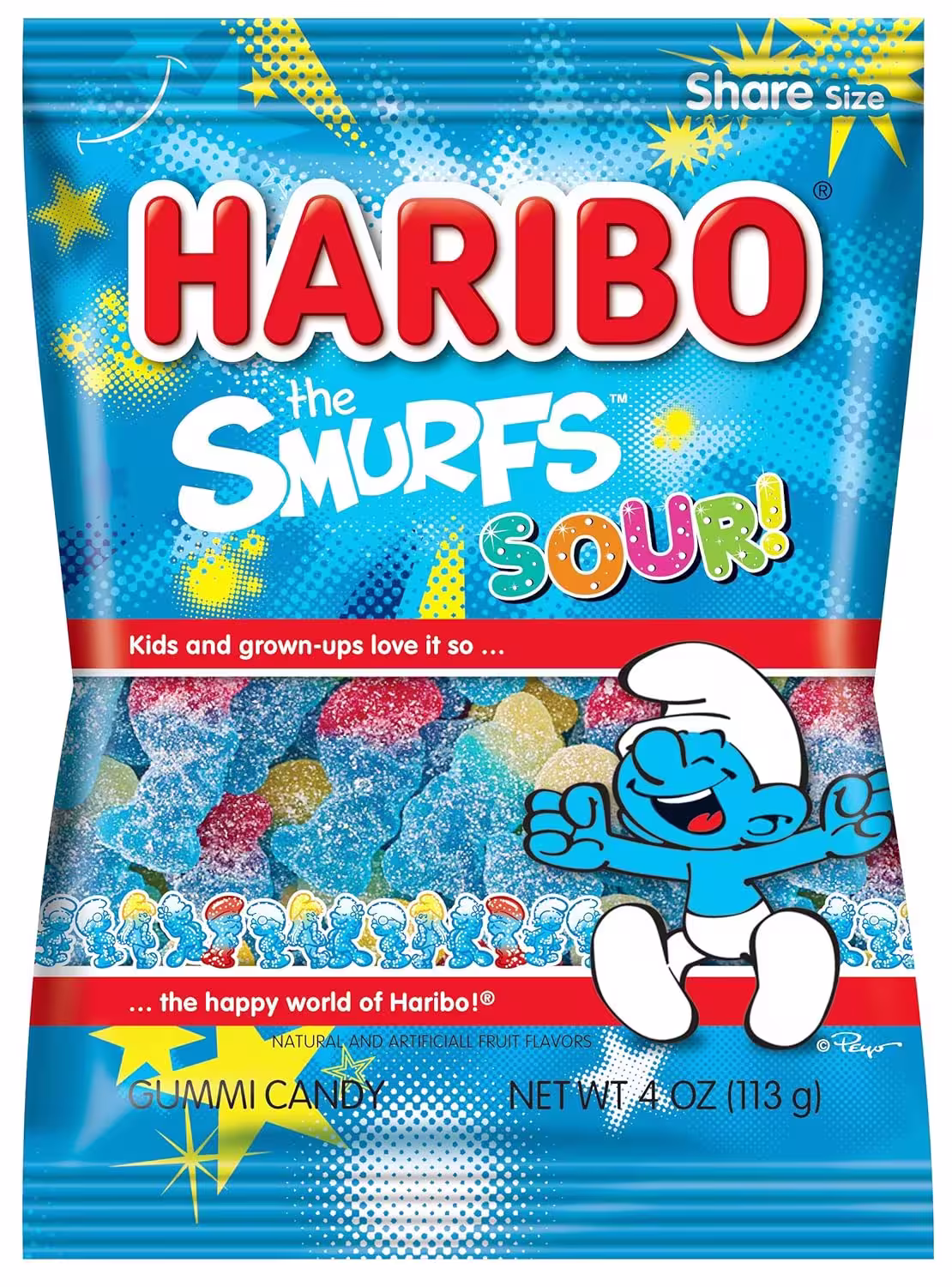 12-pack of HARIBO Sour Smurfs gummy candy, 4 oz. bags, featuring blue and white sour gummy candies shaped like Smurfs.