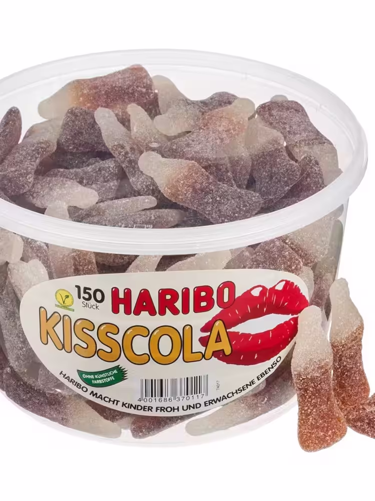 ub of Haribo Kisscola candy, containing 150 pieces of cola-flavored gummy candies in a resealable container.