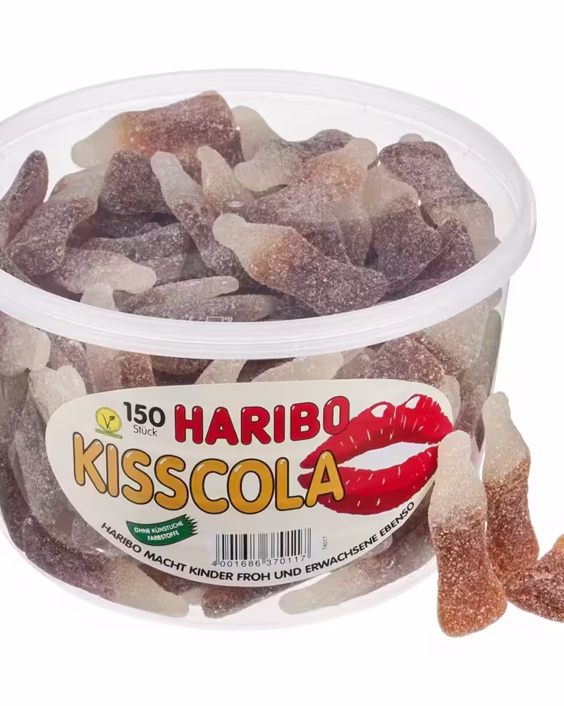 ub of Haribo Kisscola candy, containing 150 pieces of cola-flavored gummy candies in a resealable container.