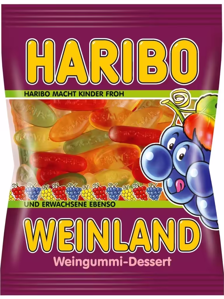 Pack of Haribo Weinland Gummy Candy 200g, featuring assorted fruity flavors like pineapple, strawberry, raspberry, orange, and lemon. Imported from Germany.