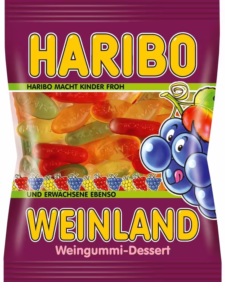 Pack of Haribo Weinland Gummy Candy 200g, featuring assorted fruity flavors like pineapple, strawberry, raspberry, orange, and lemon. Imported from Germany.