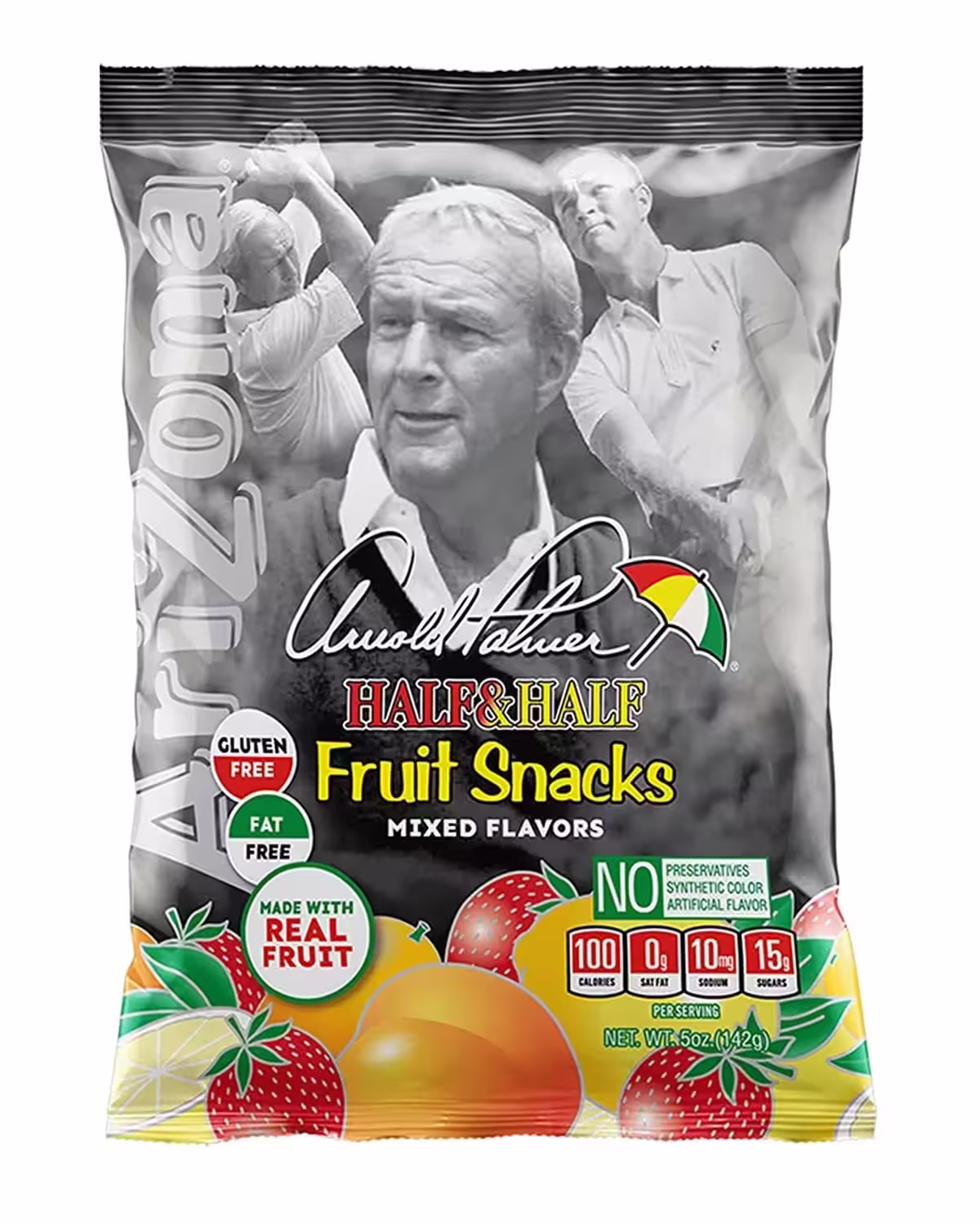 Pack of AriZona Arnold Palmer Half and Half Fruit Snacks, Gluten-Free Mixed Fruit Gummy Chews, featuring 12 5oz bags.