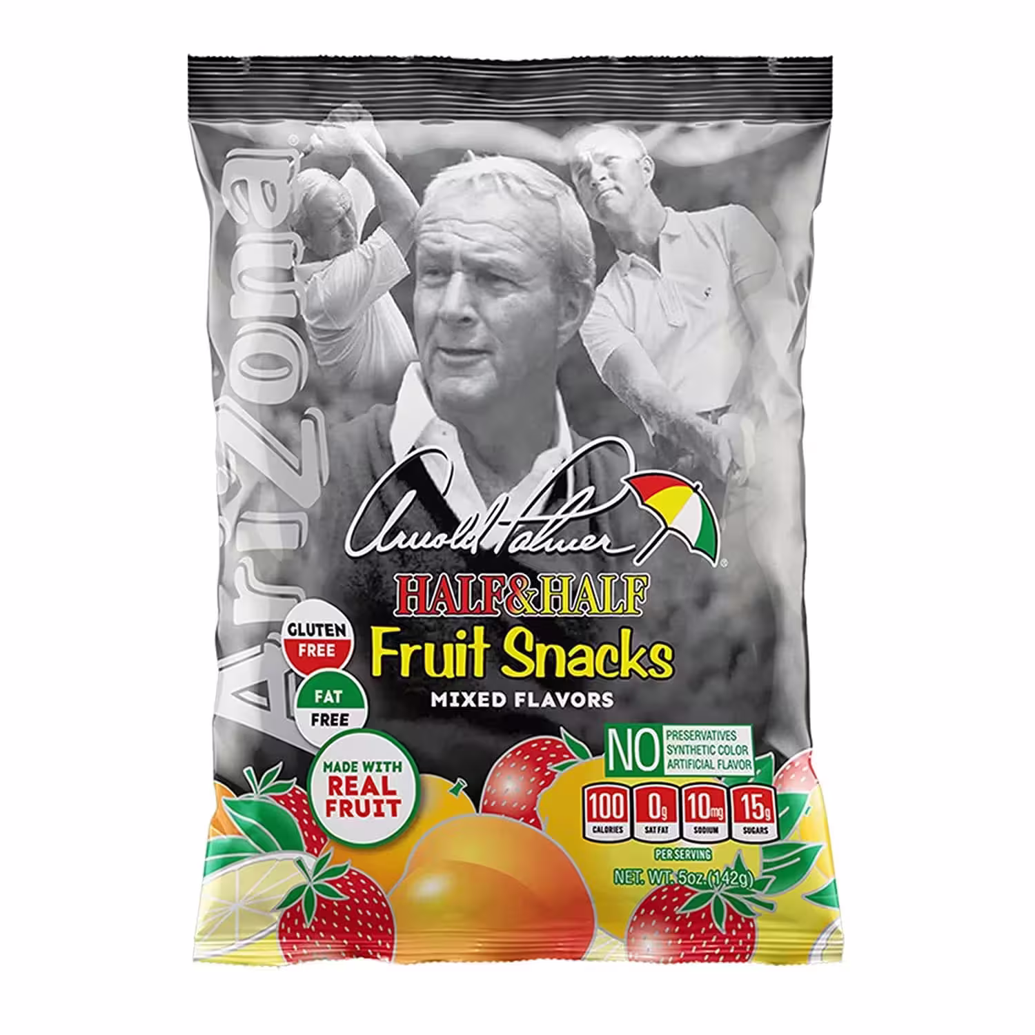 Pack of AriZona Arnold Palmer Half and Half Fruit Snacks, Gluten-Free Mixed Fruit Gummy Chews, featuring 12 5oz bags.