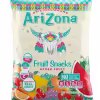 Pack of AriZona Fruit Snacks featuring twelve 5-ounce bags of fruit-flavored chews in assorted flavors like Fruit Punch, Mucho Mango, Grapeade, Orangeade, and Watermelon.
