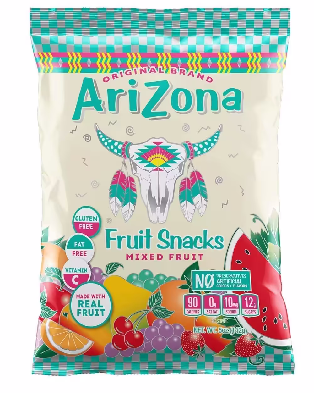 Pack of AriZona Fruit Snacks featuring twelve 5-ounce bags of fruit-flavored chews in assorted flavors like Fruit Punch, Mucho Mango, Grapeade, Orangeade, and Watermelon.