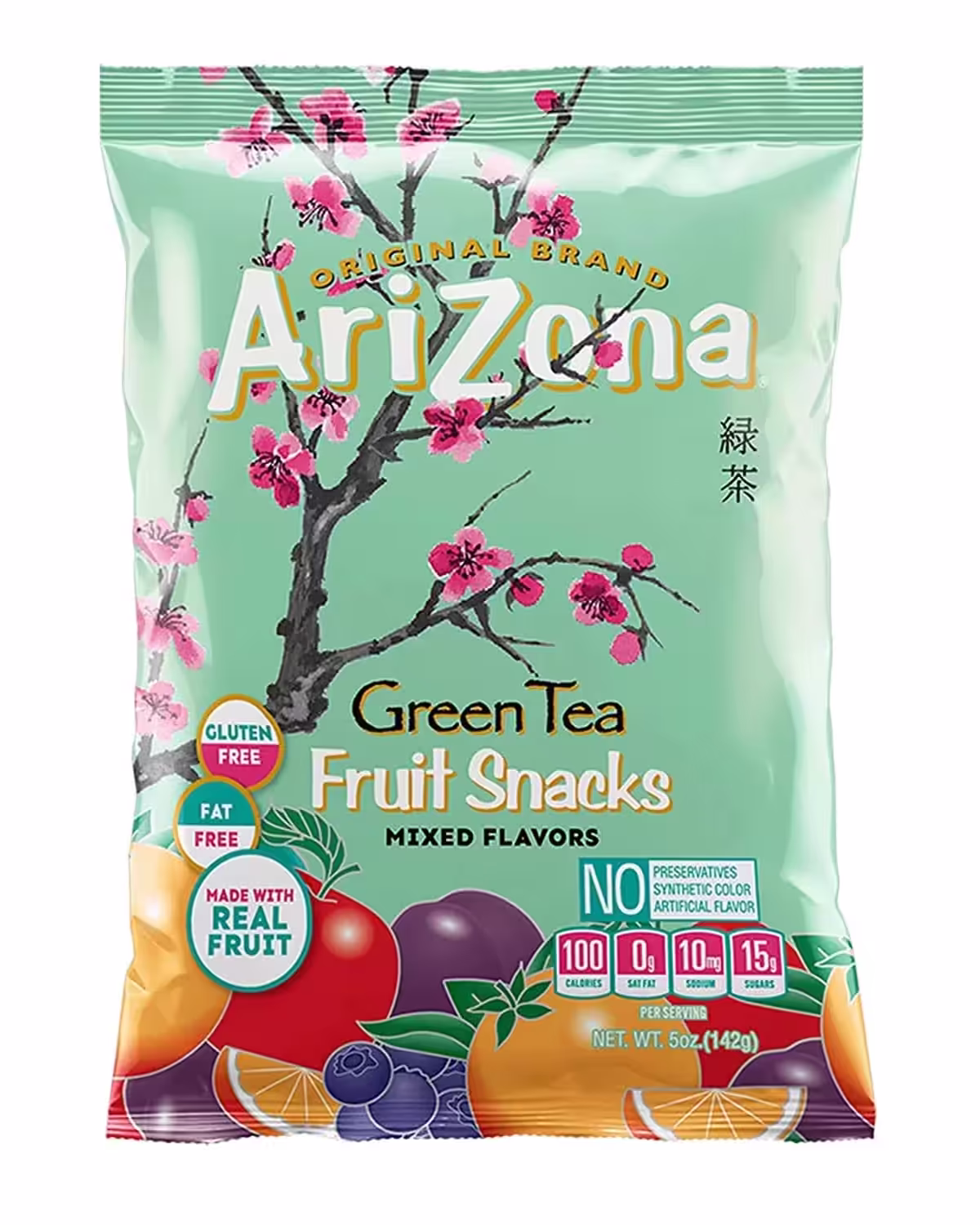Pack of AriZona Green Tea Fruit Snacks, 5oz bags of gluten-free mixed fruit gummy chews, featuring a variety of flavors including Original, Apple, Mandarin, and Plum Blueberry