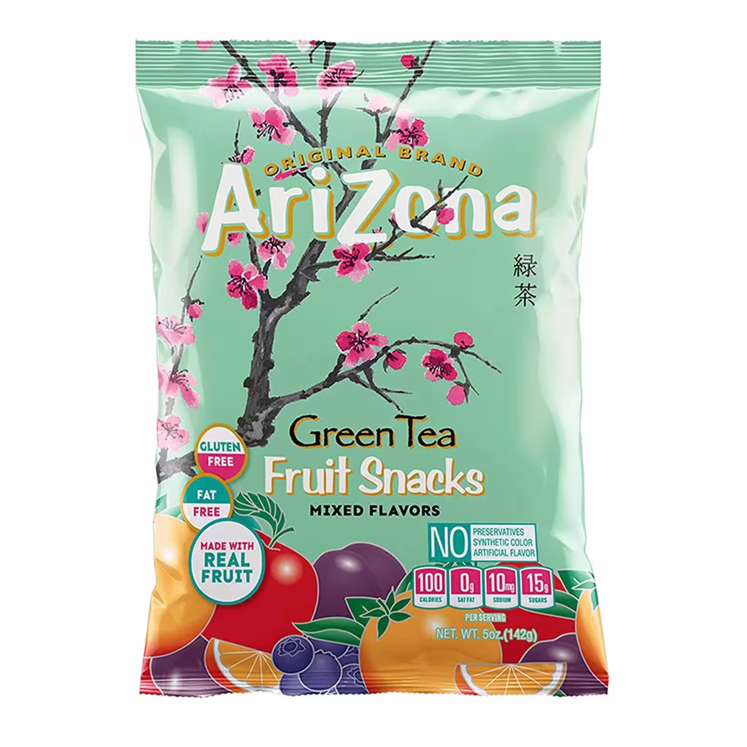 Pack of AriZona Green Tea Fruit Snacks, 5oz bags of gluten-free mixed fruit gummy chews, featuring a variety of flavors including Original, Apple, Mandarin, and Plum Blueberry