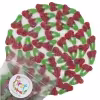 2.2 lb pack of FirstChoiceCandy Sour Twin Cherries gummy candy, featuring green and red cherry-shaped gummies arranged in a circle on a white background.