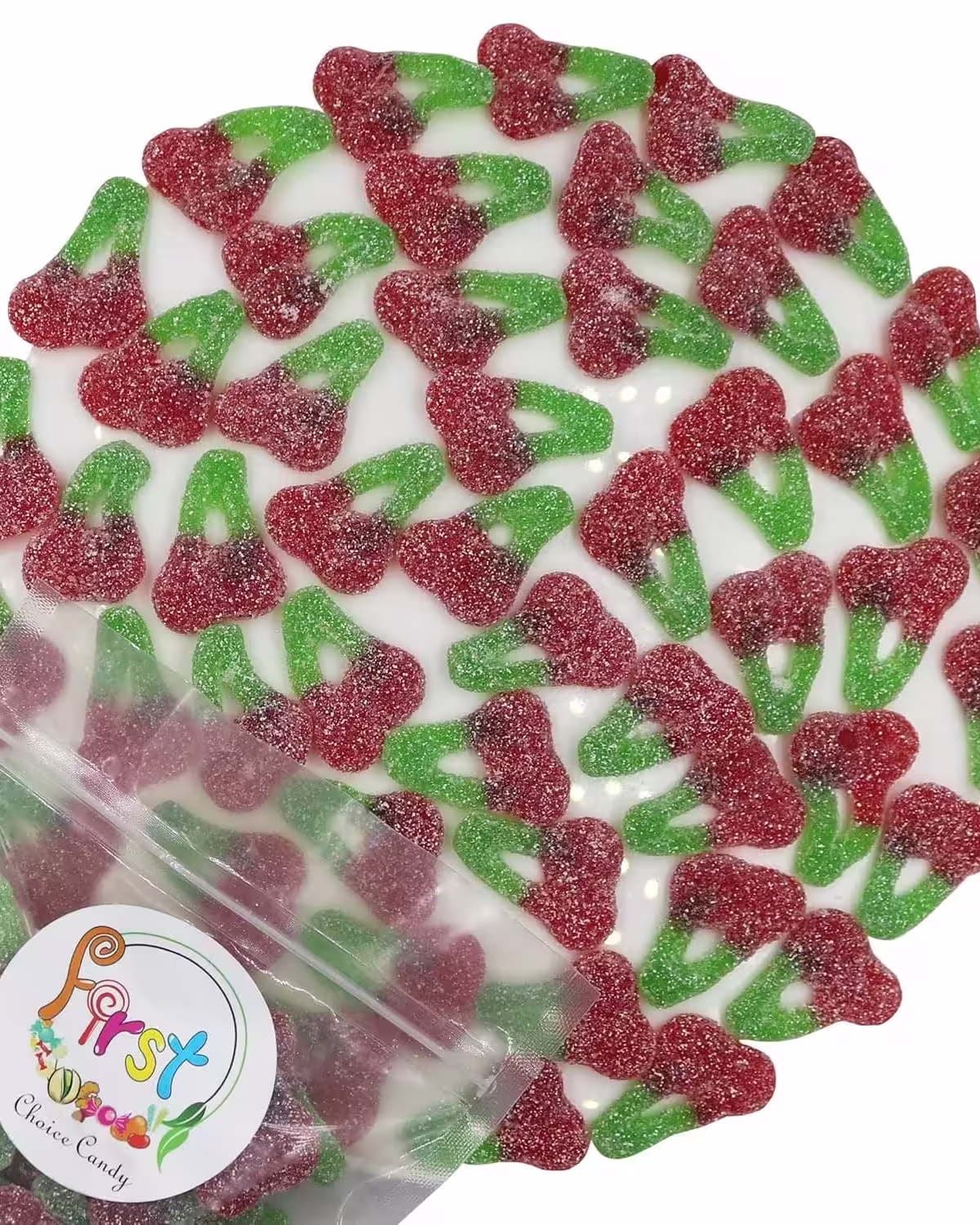 2.2 lb pack of FirstChoiceCandy Sour Twin Cherries gummy candy, featuring green and red cherry-shaped gummies arranged in a circle on a white background.