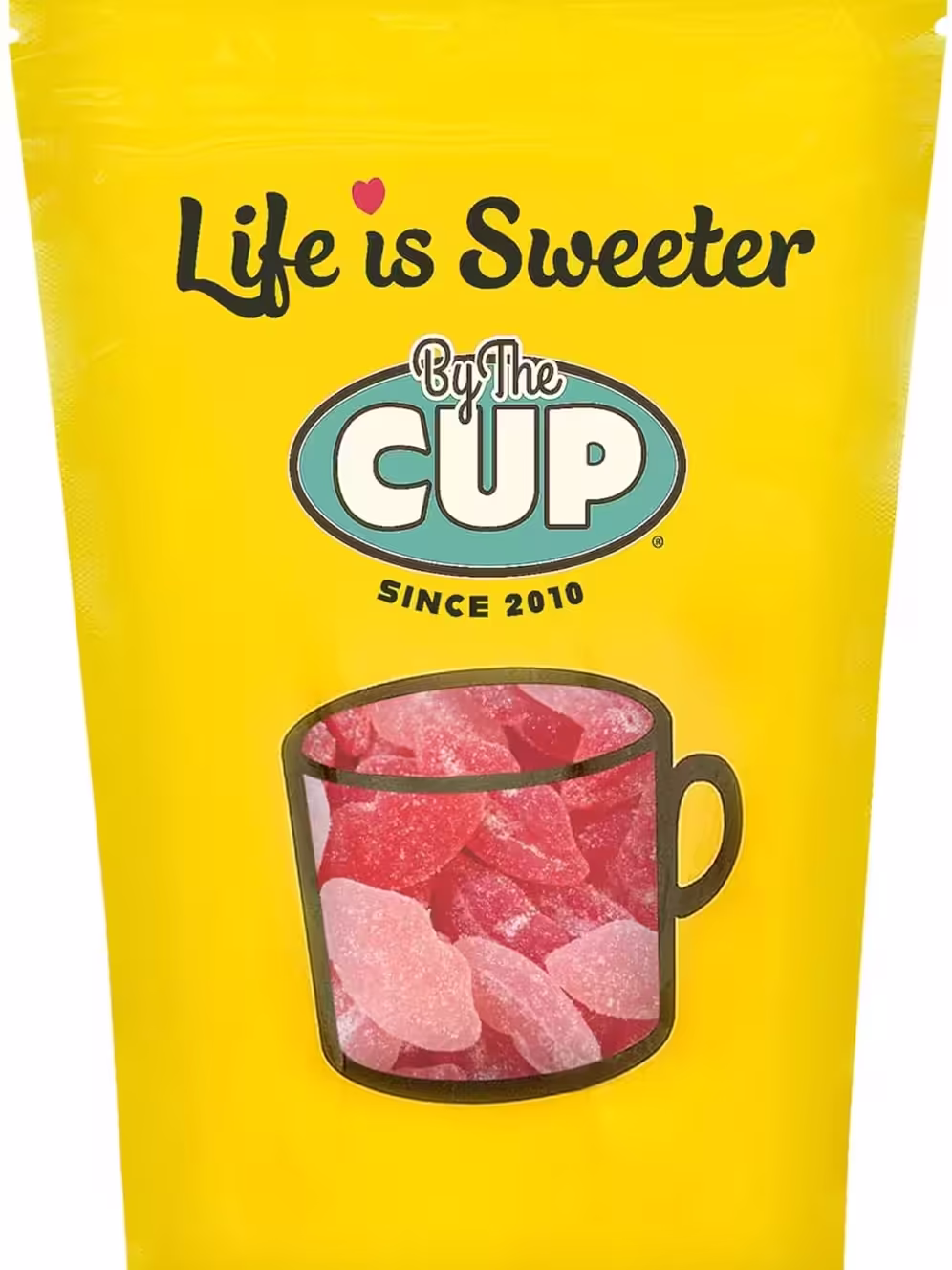 1 lb bag of By The Cup Sour Pucker-up Gummy Lips in assorted flavors, including cherry red, pink watermelon, and strawberry with resealable bag