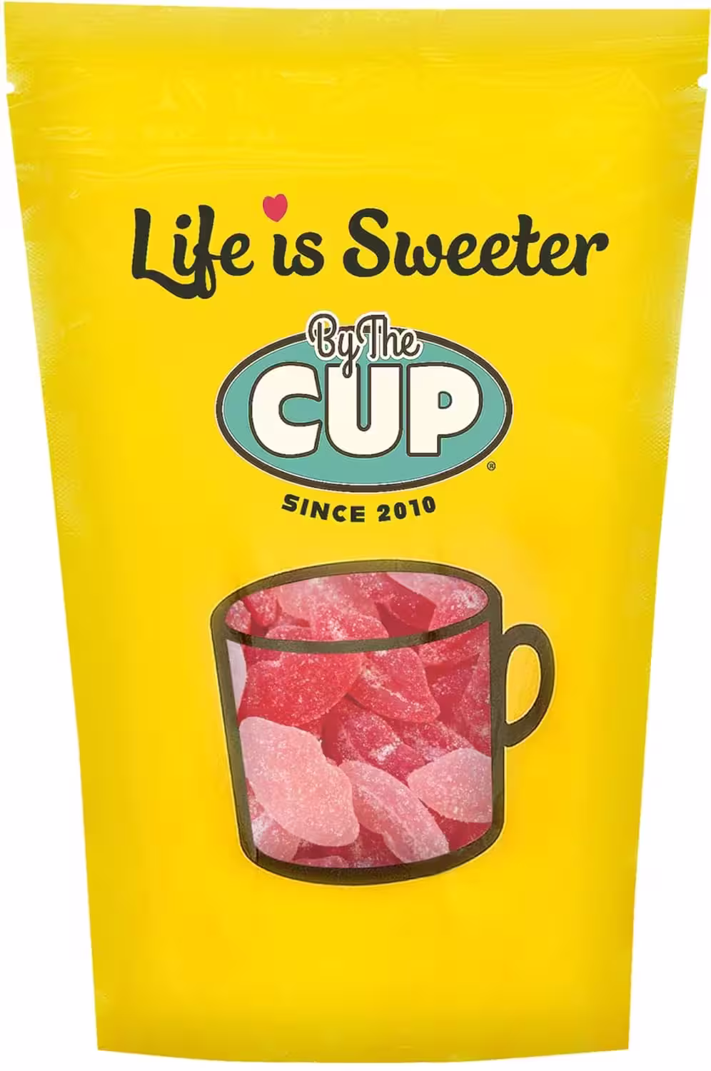 1 lb bag of By The Cup Sour Pucker-up Gummy Lips in assorted flavors, including cherry red, pink watermelon, and strawberry with resealable bag