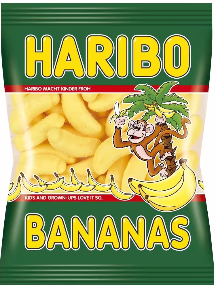 120g pack of Haribo BANANA flavored gummy candies, imported from France, featuring a vibrant green bag with monkey illustration.