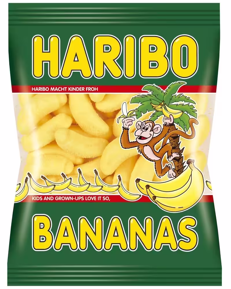 120g pack of Haribo BANANA flavored gummy candies, imported from France, featuring a vibrant green bag with monkey illustration.