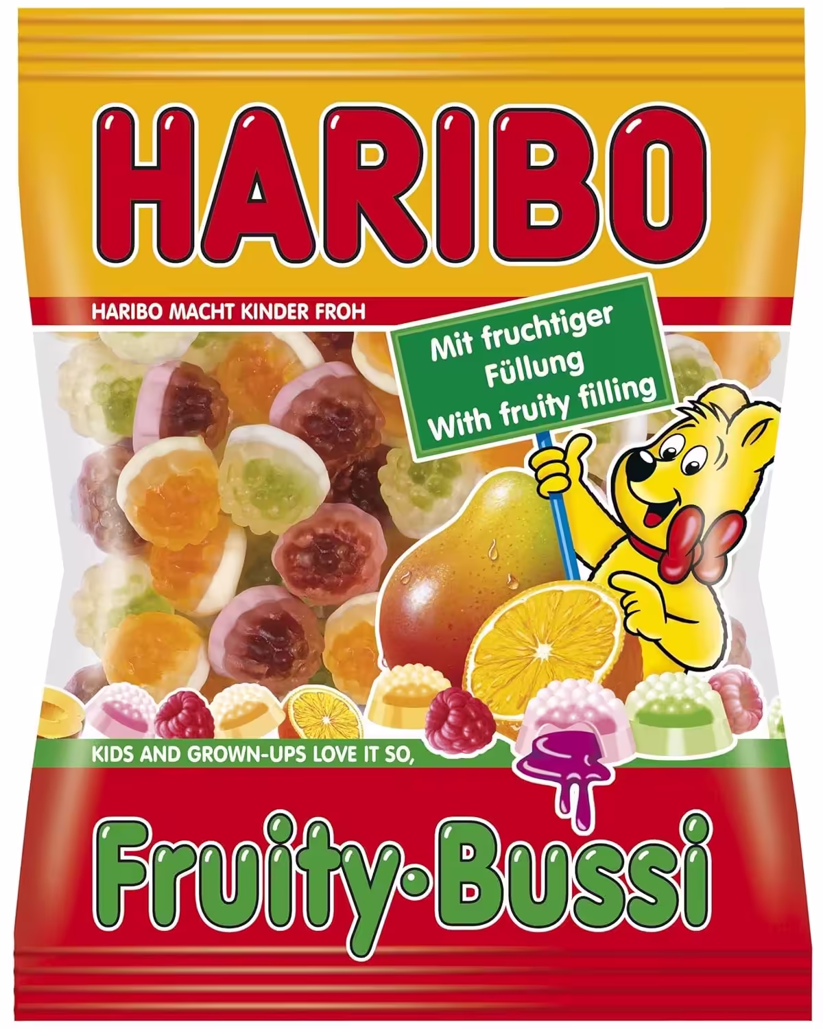 Pack of Haribo Fruity Bussi Gummy Candy, 200g, imported from Germany, featuring colorful fruit-shaped gummy candies