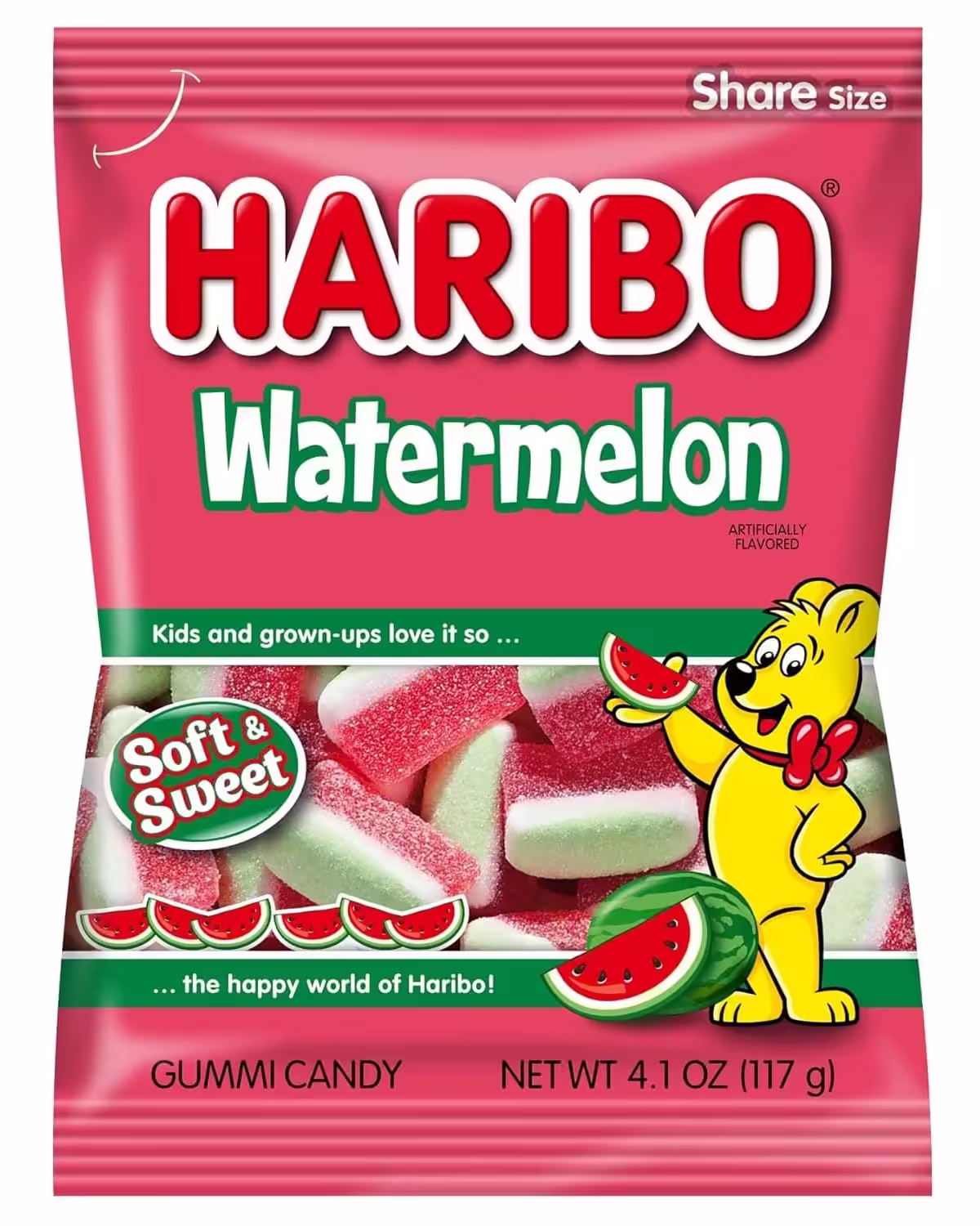12-pack of Haribo Watermelon-shaped gummy candy, each bag featuring colorful watermelon-shaped gummies. Imported from Spain.