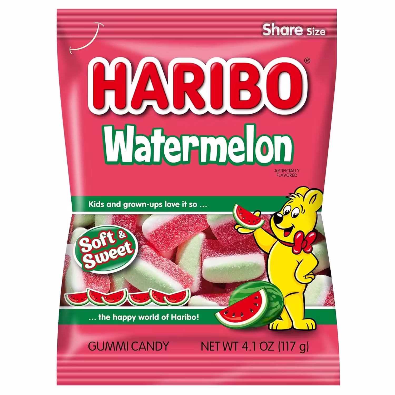 12-pack of Haribo Watermelon-shaped gummy candy, each bag featuring colorful watermelon-shaped gummies. Imported from Spain.