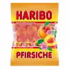 200g pack of Haribo Pfrisiche Gezuckert gummy candy, featuring peach-shaped gummies in a vibrant yellow and orange packaging.