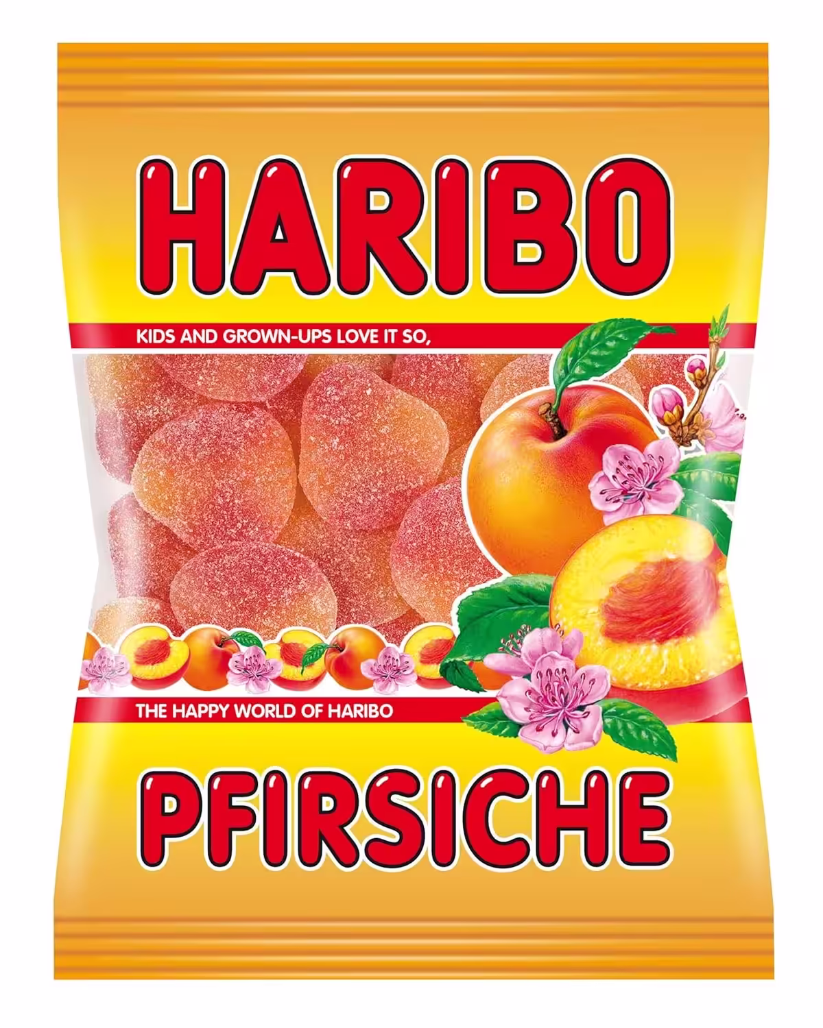 200g pack of Haribo Pfrisiche Gezuckert gummy candy, featuring peach-shaped gummies in a vibrant yellow and orange packaging.