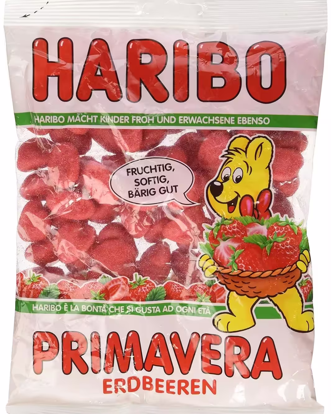 Pack of Haribo Primavera Strawberry Gummy Candy, 200g Bags - Delicious foam sugar gummies with fresh strawberry flavor, imported from Germany.