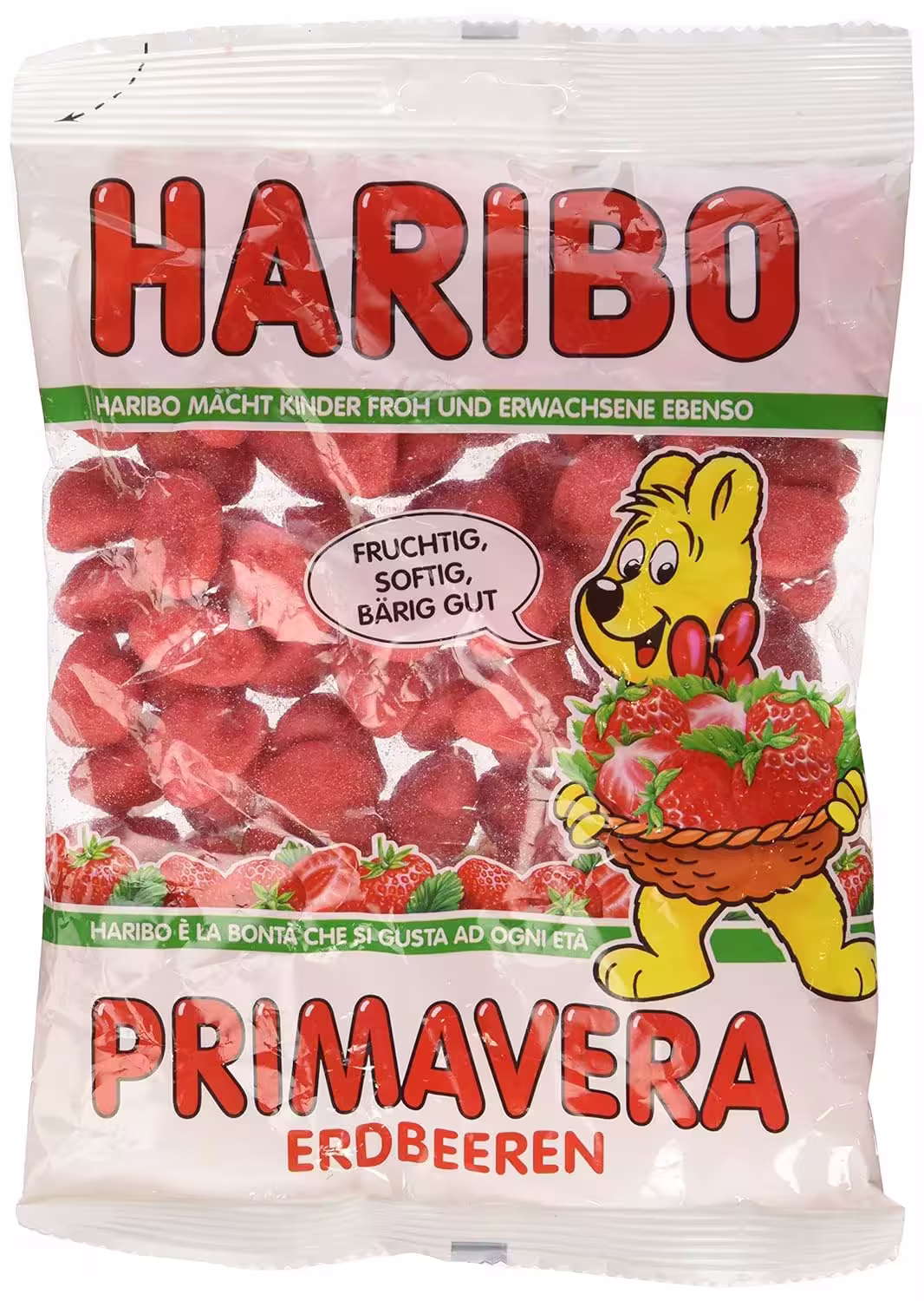 Pack of Haribo Primavera Strawberry Gummy Candy, 200g Bags - Delicious foam sugar gummies with fresh strawberry flavor, imported from Germany.