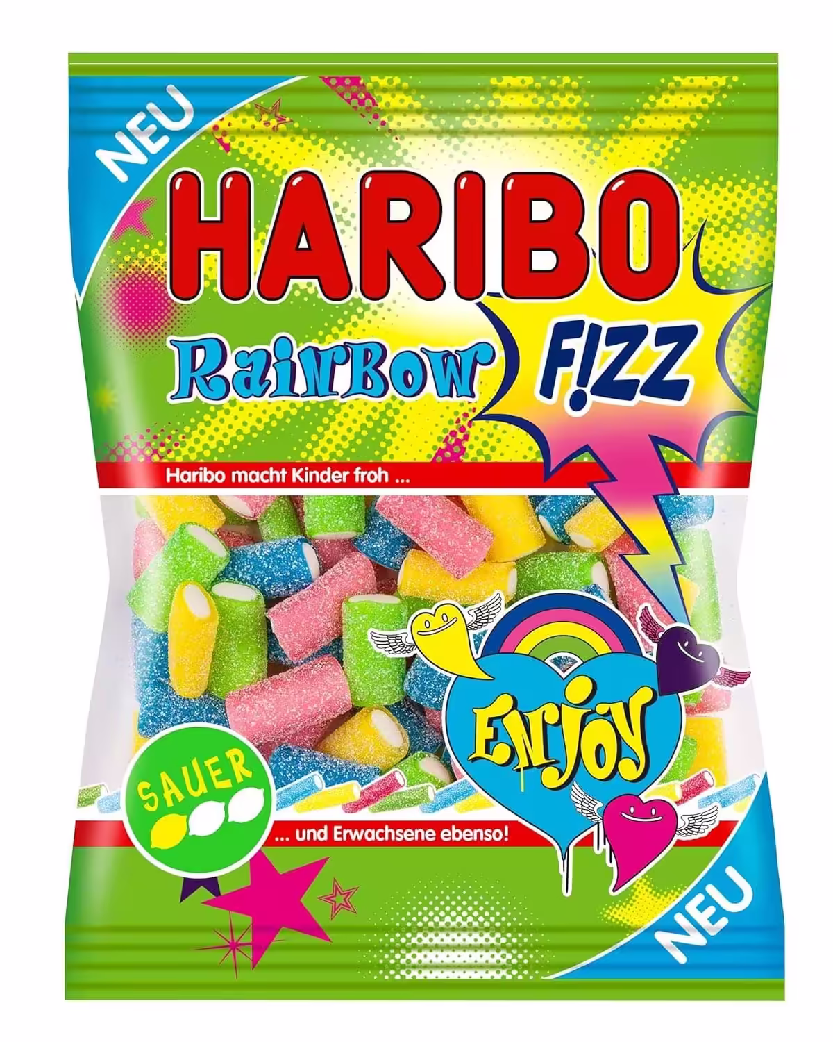 Pack of Haribo Rainbow Fizz Gummy Candies featuring colorful, sour gummy treats in a vibrant multicolor bag. Imported from Germany.