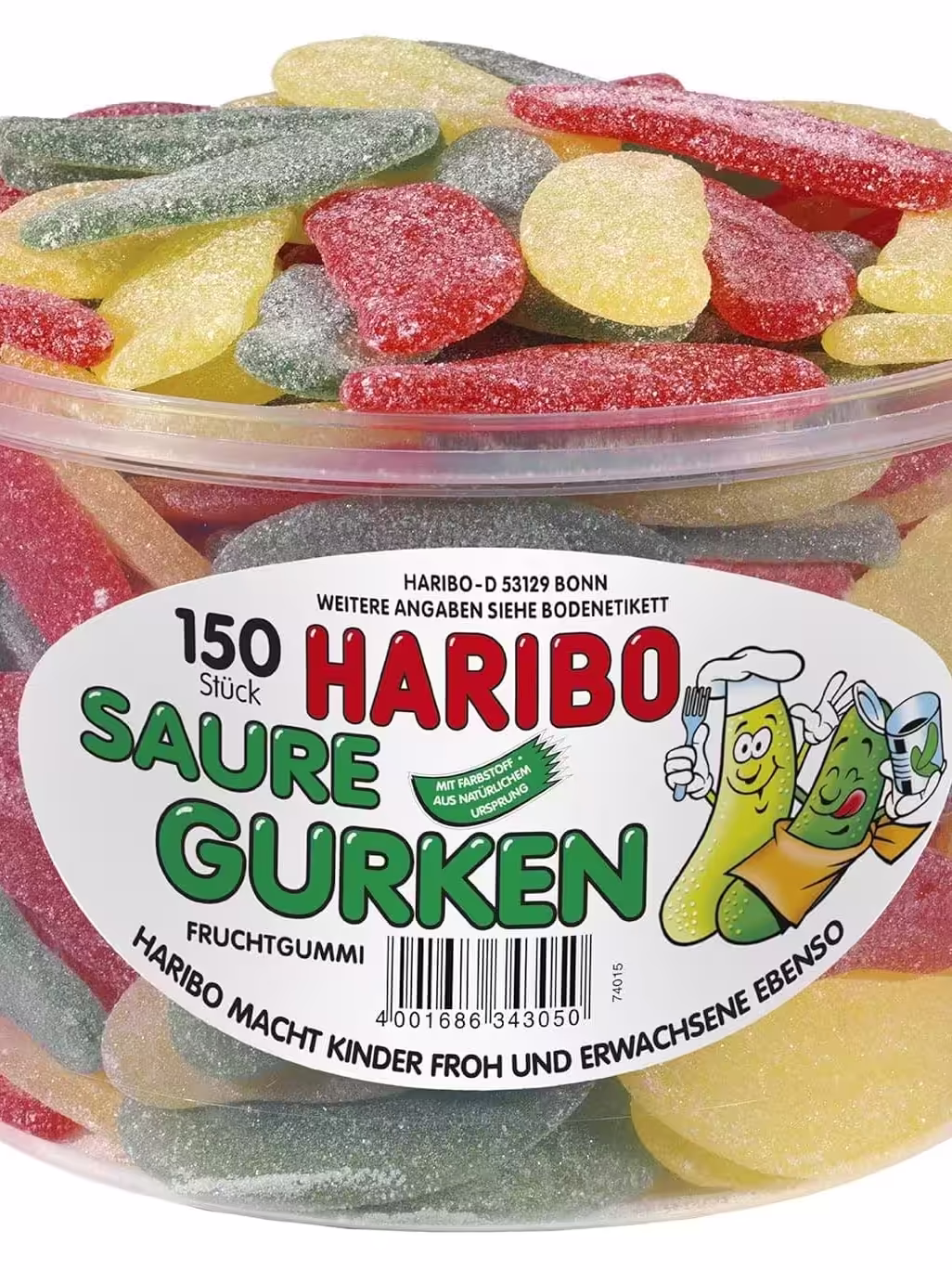 1350g tub of Haribo Saure Gurken (Sour Pickles) gummy candy featuring 150 sour cucumber-shaped gummies, imported from Germany