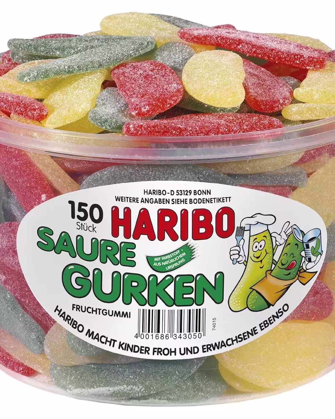1350g tub of Haribo Saure Gurken (Sour Pickles) gummy candy featuring 150 sour cucumber-shaped gummies, imported from Germany