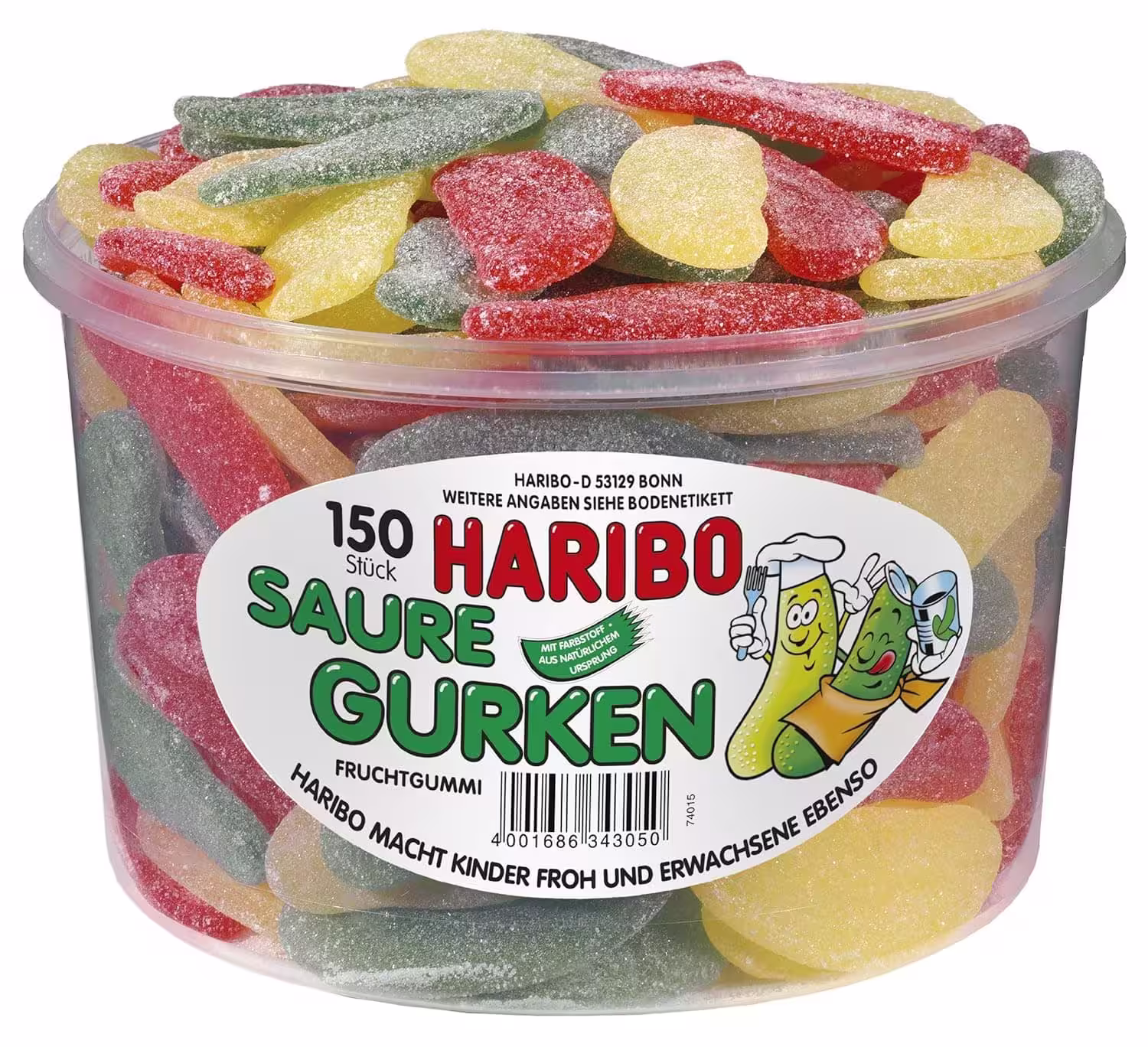 1350g tub of Haribo Saure Gurken (Sour Pickles) gummy candy featuring 150 sour cucumber-shaped gummies, imported from Germany