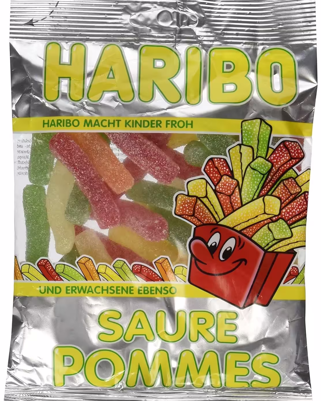 Pack of Haribo Saure Pommes Sour French Fries gummy candy featuring colorful citrus-flavored gummies shaped like French fries in a variety of flavors.