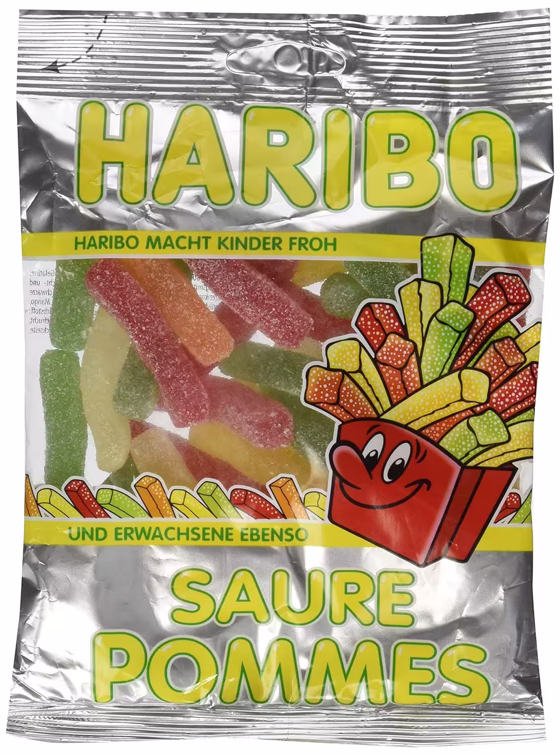 Pack of Haribo Saure Pommes Sour French Fries gummy candy featuring colorful citrus-flavored gummies shaped like French fries in a variety of flavors.