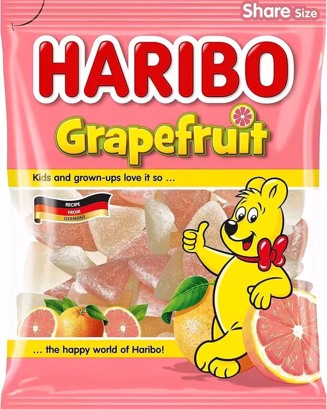 Pack of Only Kosher Haribo Grapefruit Gummy Candy, 6 bags, showcasing colorful grapefruit-shaped gummies in a vibrant assortment.