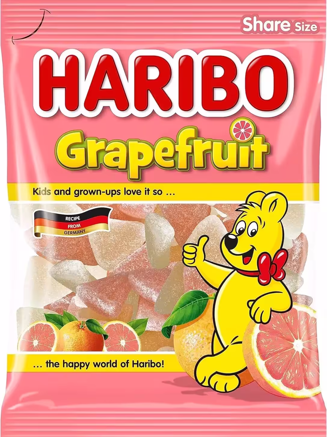 Pack of Only Kosher Haribo Grapefruit Gummy Candy, 6 bags, showcasing colorful grapefruit-shaped gummies in a vibrant assortment.