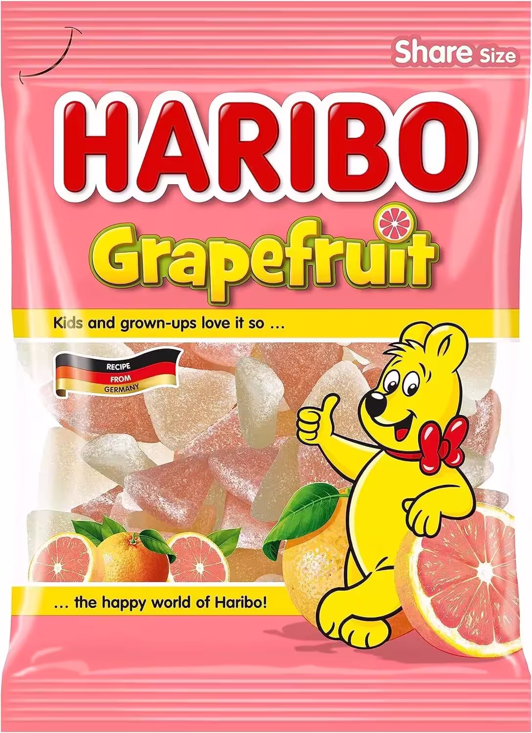 Pack of Only Kosher Haribo Grapefruit Gummy Candy, 6 bags, showcasing colorful grapefruit-shaped gummies in a vibrant assortment.