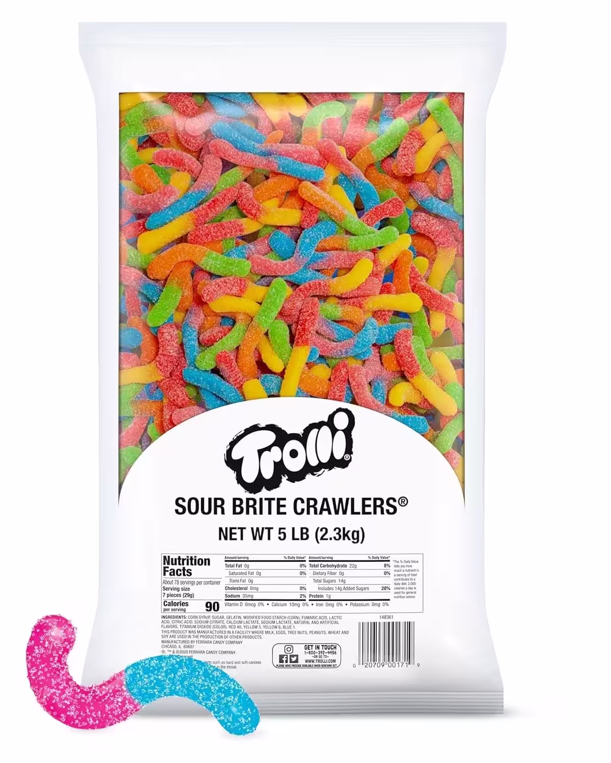 5-lb pack of Trolli Sour Brite Crawlers Candy, featuring vibrant gummy worms with a sour sugar coating.