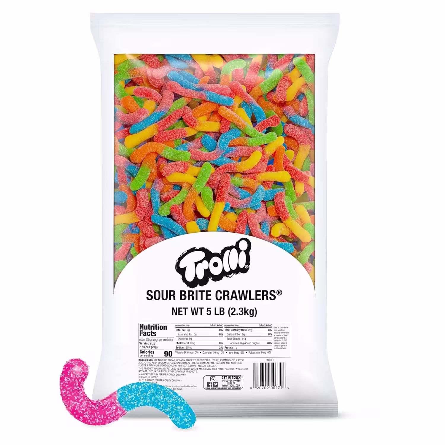 5-lb pack of Trolli Sour Brite Crawlers Candy, featuring vibrant gummy worms with a sour sugar coating.